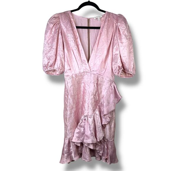 RONNY KOBO NWOT Blush Pink Satin Mindy Puff-Sleeve Faux Wrap Flounce Mini Dress - Picture 3 of 12